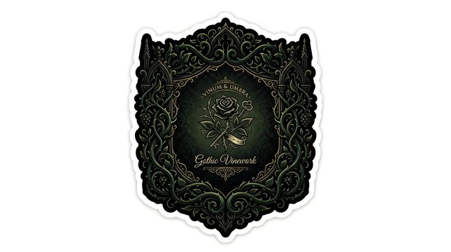Ornate gothic frame featuring intricate twisted dark vines and a central blooming rose with a vintage key on a damask pattern background