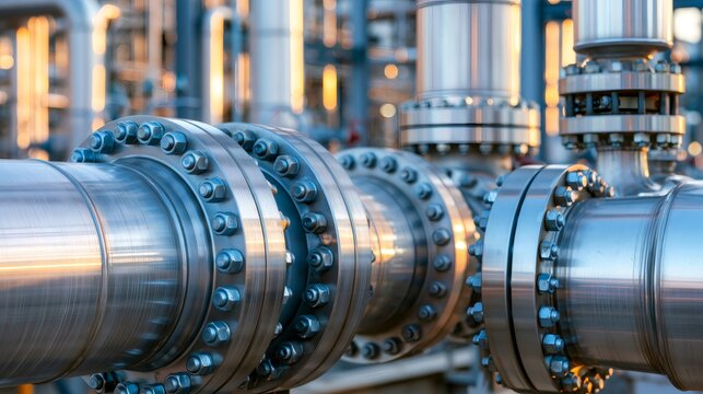 Industrial pipeline system featuring stainless steel flanges and bolts