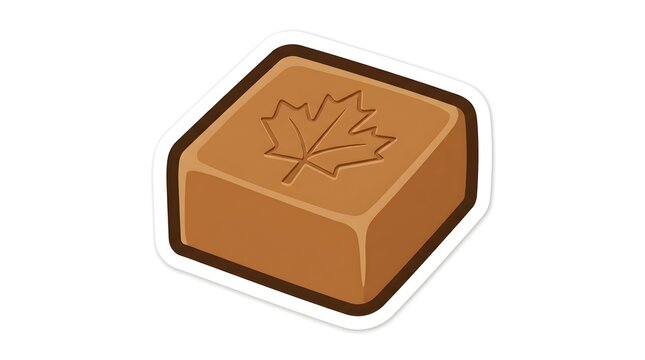 Square piece of delicious brown maple fudge with a carved leaf design on top isolated on a clean white background in flat graphic style