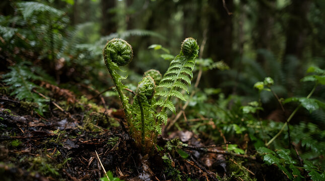 Close-up of young green fern fiddleheads unfurling in a damp forest floor covered in moss and leaf litter
