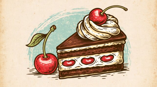 Chocolate cake slice with whipped cream and cherry