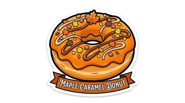 Illustration of a delicious maple caramel donut decorated with autumn leaves and icing glaze on a banner background for seasonal treats