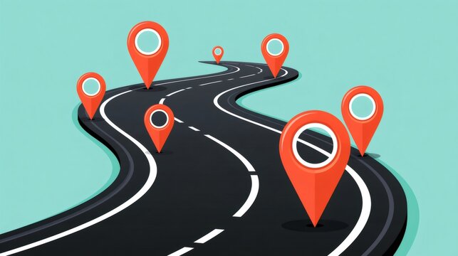 Winding road showing navigation route with location pins