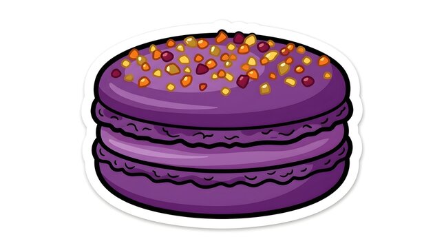 Purple macaron dessert illustration with colorful sprinkle topping isolated on plain white background for bakery and food design projects