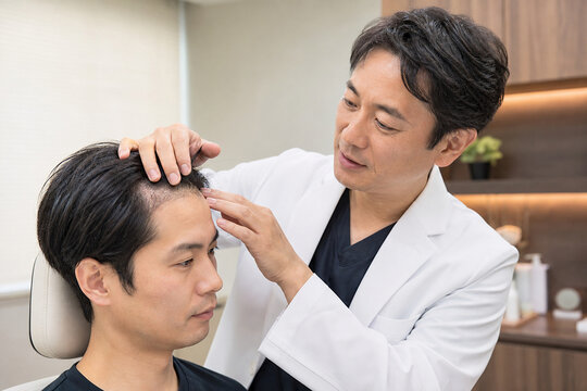 医療従事者が頭皮の薄毛を確認する診察