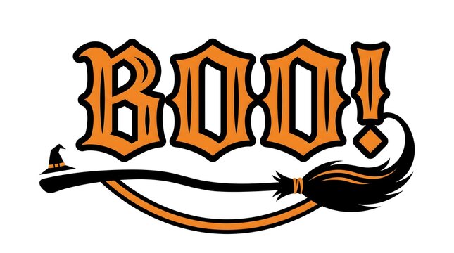 Orange and black halloween boo lettering with a witch s broom