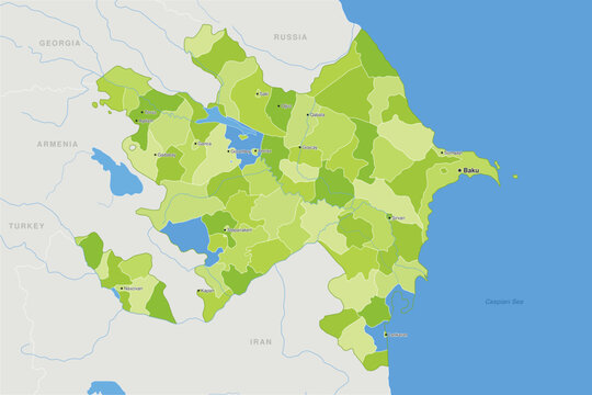 Azerbaijan - Detailed, modern map of the country with cities, capitals, internal territorial boundaries, and major water features. Vector illustration.