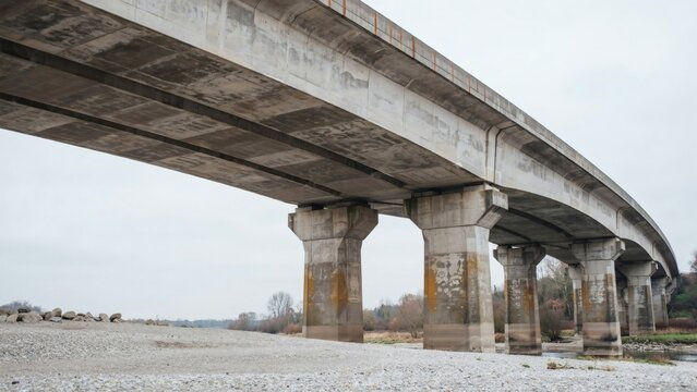 Underside of a concrete bridge with repeating beams and weathered piers