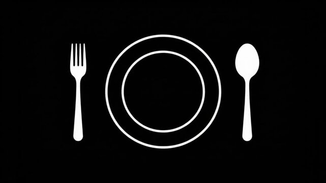 Minimalist flat design animation of cutlery and plate isolated on black background