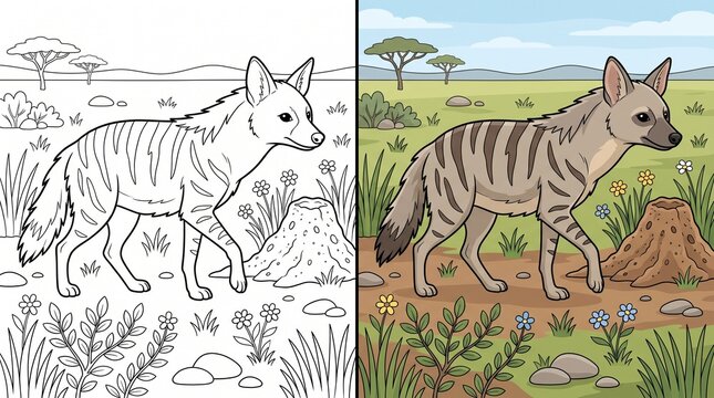 Cute Aardwolf African Grassland Before After Coloring Page
