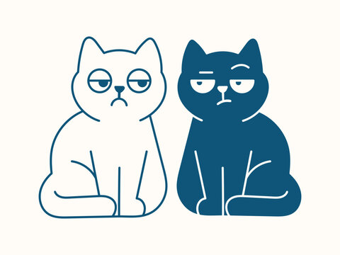 Two grumpy cats sitting side by side, minimalist vector illustration of a white cat and a dark blue cat with bored and unimpressed facial expressions