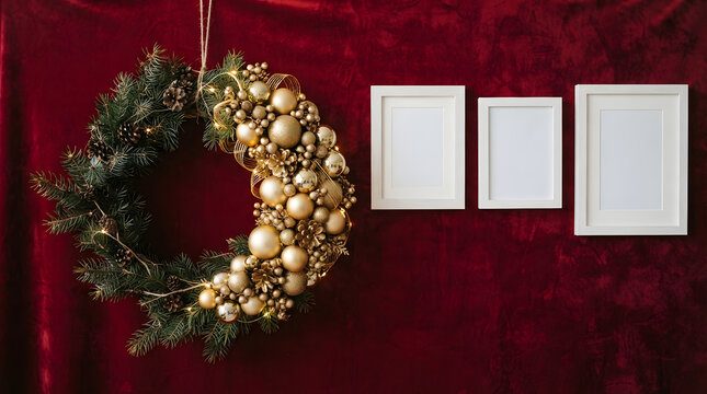 Festive christmas background featuring christmas decoration photo frame hanging frames and pine branches with christmas lights for winter celebration copy space