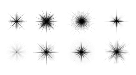 Obraz premium Monochrome grain starburst splash vector set with stippled radiant sparks, dotted halftone rays, black particle bursts and fading noise flare isolated elements for abstract cosmic design overlays