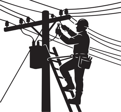 Electrician repairing electrical wiring power line maintenance solid black vector silhouette.