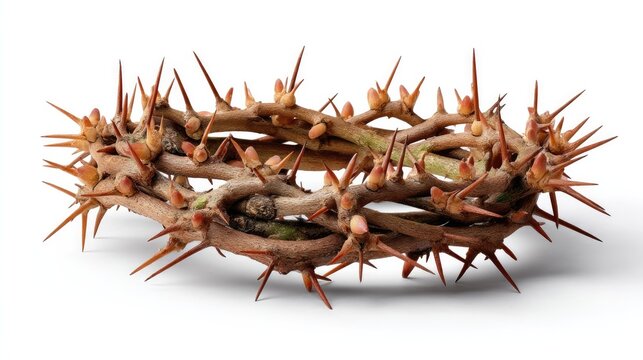 Crown of Thorns: A symbolic and weathered crown of thorns, crafted from dry branches and sharp spines, resting in stark stillness.