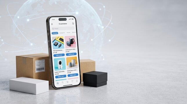 E-commerce mobile shopping app on smartphone screen, global logistics and delivery concept with cardboard boxes, digital retail marketplace technology