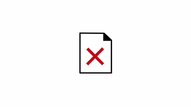 document icon with red delete cross mark animation 4k &ndash; file remove, data cancel, error failed, rejected or invalid file concept ui motion graphics on transparent background