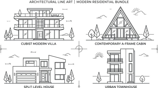 Modern Residential Architecture Line Art Bundle with Villa Cabin Townhouse and SplitLevel House