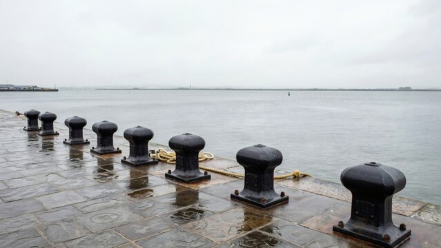 Cast iron mooring bollards along a wet quayside overlooking the estuary