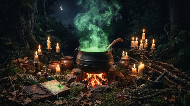 夜の魔法の大釜と緑色の煙とキャンドル 魔女のハロウィン