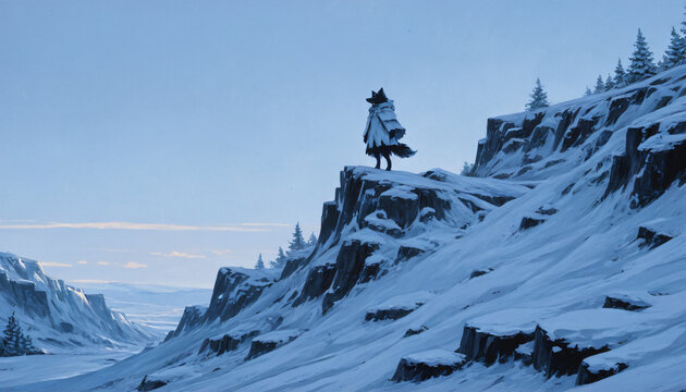 Lone wolf on a snowy cliff, oil painting illustration