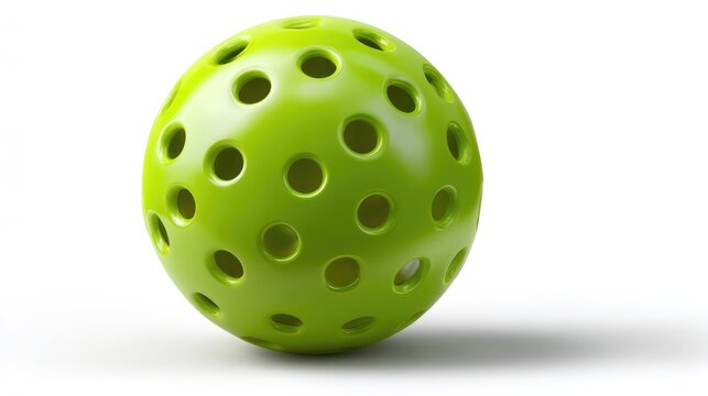 Green Pickleball on White: A bright green pickleball, its surface dotted with numerous holes, sits isolated on a clean white surface, casting a soft shadow.