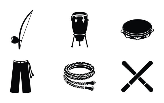 Capoeira Icons Set: Berimbau, Pandeiro, Conga Drum, Rope, Pants, Sticks