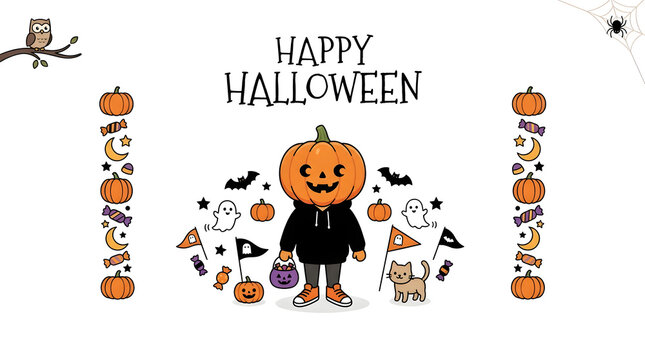 Happy halloween greeting card with pumpkin headed figure and candy collection pumpkin head jack o lantern