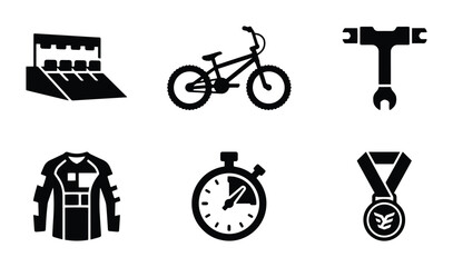 Fototapeta premium BMX Racing Icons: Bicycle, Ramp, Tools, Gear, Stopwatch, Medal Set
