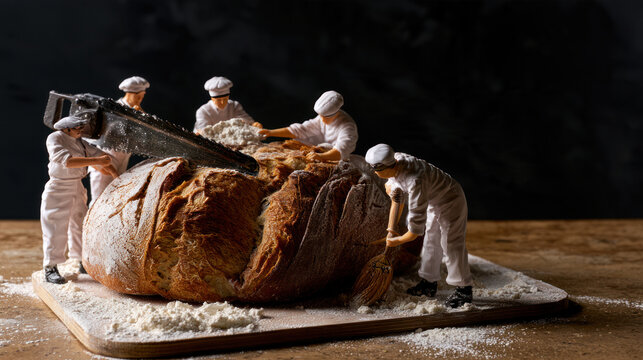 Tiny bakers sawing through a giant crusty sourdough loaf on a floured board