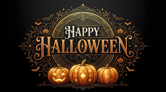 Happy halloween gold typography with pumpkins on dark background pumpkin patch gold lettering halloween
