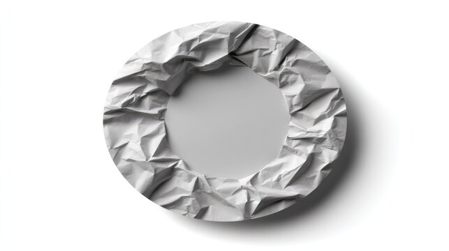 Crumpled Paper Ring: A circular arrangement of crumpled white paper creates a textured, abstract shape against a subtle grey background.