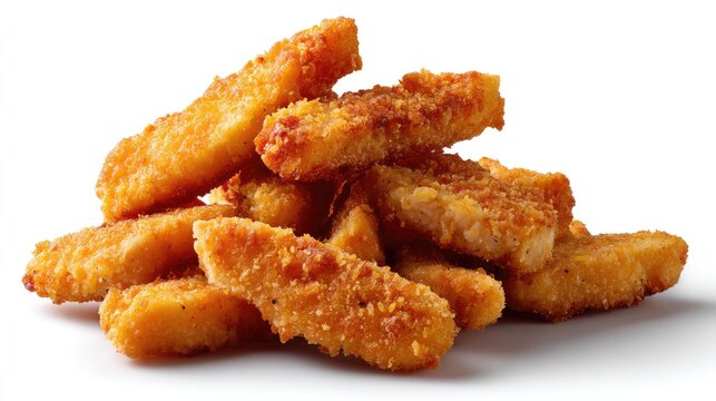 Golden Fried Bites: A pile of crispy, golden-brown fried bites, likely chicken tenders or fish sticks, coated in breadcrumbs and seasoned, ready to be enjoyed.