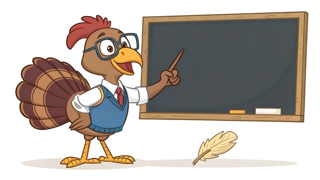 Cartoon turkey teacher wearing glasses pointing at a blank chalkboard