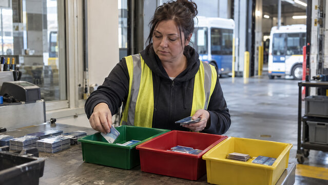 Transit depot worker sorting fare cards into trays at public transportation maintenance facility. Concept of bus depot, public transport, smart card, logistics, ticket.