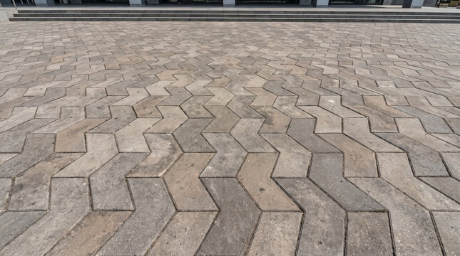 Geometric paving slabs on city square forming zigzag pattern with stairs in background. Concept of trapezoids, geometric pavement, paving stones, stone walkway, outdoor paving, sidewalk texture.