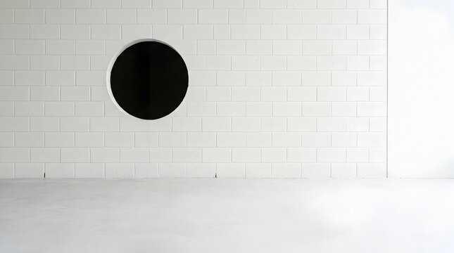 White concrete block wall with a large circular black opening hole