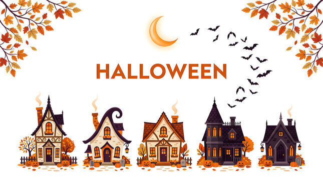 Halloween holiday composition with vintage houses and flock of bats flying under crescent moon
