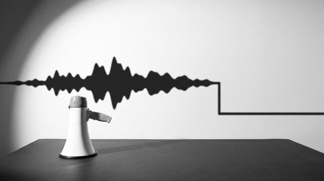Minimalist White Megaphone on Table Casting a Distorted Audio Waveform and Muted Line Shadow