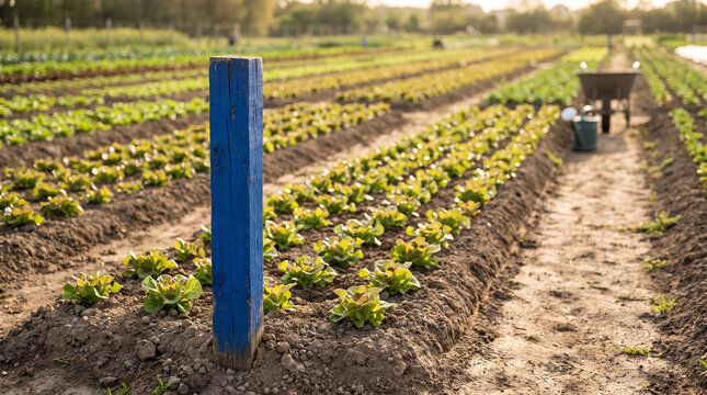 Blue wooden post marking vegetable rows in an organic farm field at sunset. Concept of planting row, vegetable garden, agriculture, lettuce rows, crop field, seedling, garden bed, blue marker.