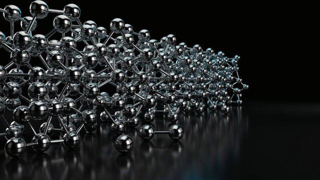 Chrome sphere and rod lattice model receding across a black mirrored floor