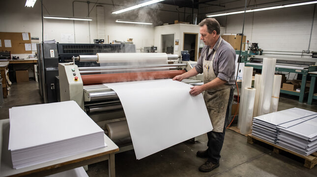 Print finisher operating a thermal laminating machine with a large paper sheet in workshop. Concept of laminator, printing industry, lamination, printing press, worker. Copy space.