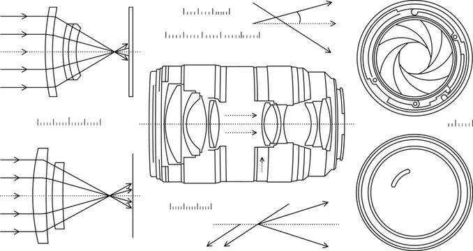 Camera Lens Cross Section Icon Set with Optical Diagram Symbols for Vector Designs