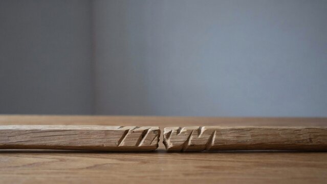 Two halves of a split wooden tally stick matched across the break on oak