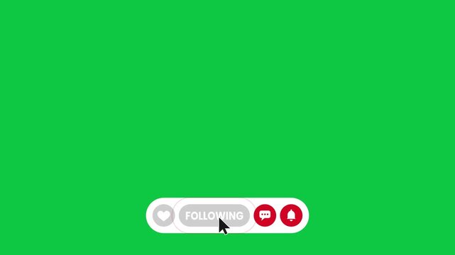 Follow button click animation on green screen, cursor clicking like, follow, comment and notification bell icons, social media