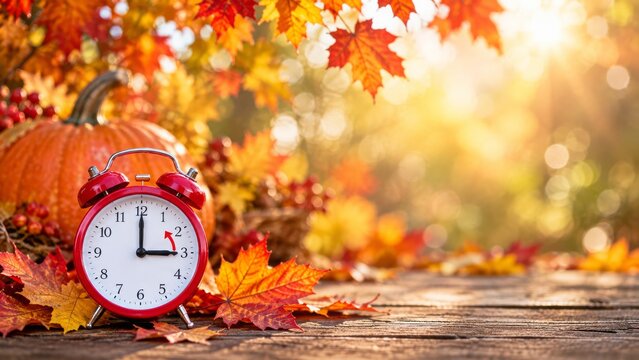 Red alarm clock with pumpkin and autumn leaves in sunlight