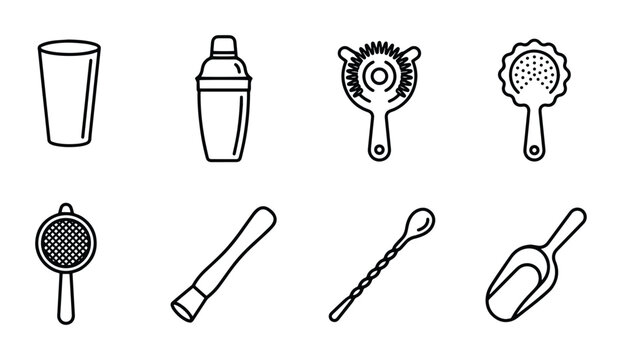 Barware Icons Set, Cocktail Tools Collection, Mixology Equipment Graphics, Bartender Accessories Vector