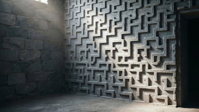 Carved granite wall with deep interlocking maze relief lit by a shaft of daylight