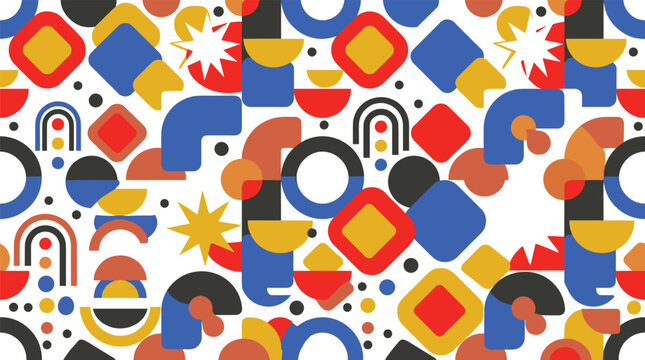 Abstract geometric bauhaus seamless pattern background featuring vivid color vector graphics of primary tone diamonds arches jagged starbursts and interlocking mechanical grid blocks print