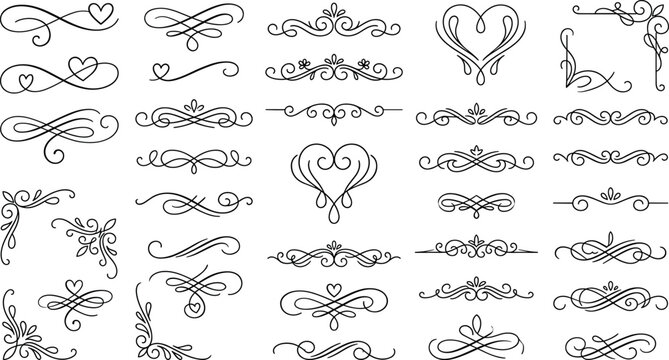 Vector collection of elegant calligraphic flourishes ornamental dividers wedding hearts and romantic border elements on white background